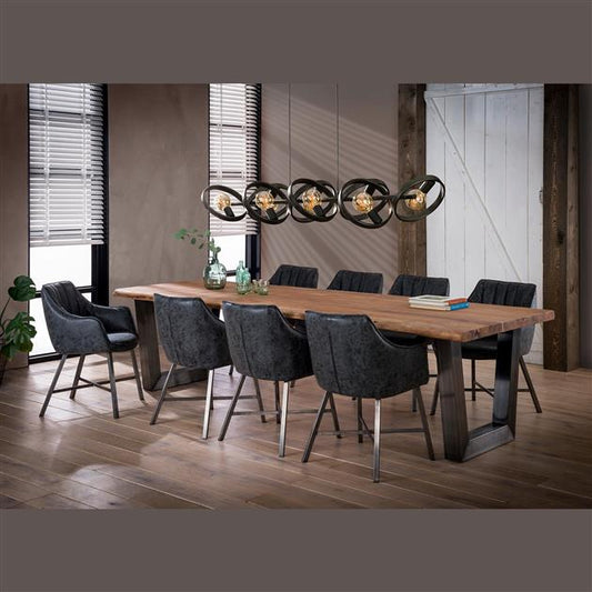 Modera - Eetkamertafel 300cm stam in 60mm dik massief acacia met trapezium-vormig frame in 10x10cm zwart geschuurd RVS. - Massief acacia naturel